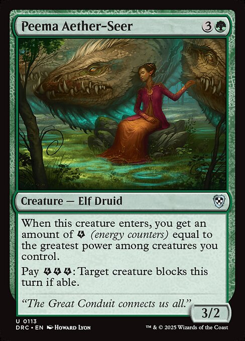 When this creature enters, you get an amount of {E} (energy counters) equal to the greatest power among creatures you control.
Pay {E}{E}{E}: Target creature blocks this turn if able.