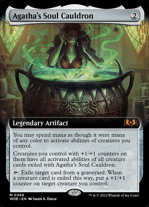 You may spend mana as though it were mana of any color to activate abilities of creatures you control.
Creatures you control with +1/+1 counters on them have all activated abilities of all creature cards exiled with Agatha's Soul Cauldron.
{T}: Exile target card from a graveyard. When a creature card is exiled this way, put a +1/+1 counter on target creature you control.