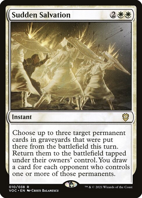 Choose up to three target permanent cards in graveyards that were put there from the battlefield this turn. Return them to the battlefield tapped under their owners' control. You draw a card for each opponent who controls one or more of those permanents.