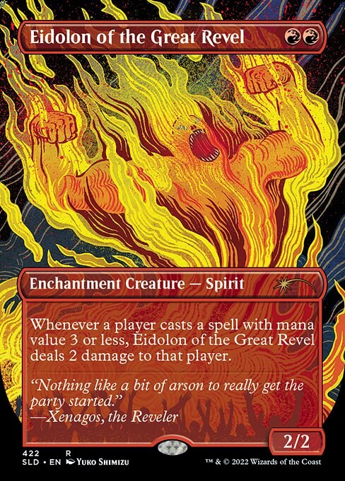Whenever a player casts a spell with mana value 3 or less, Eidolon of the Great Revel deals 2 damage to that player.