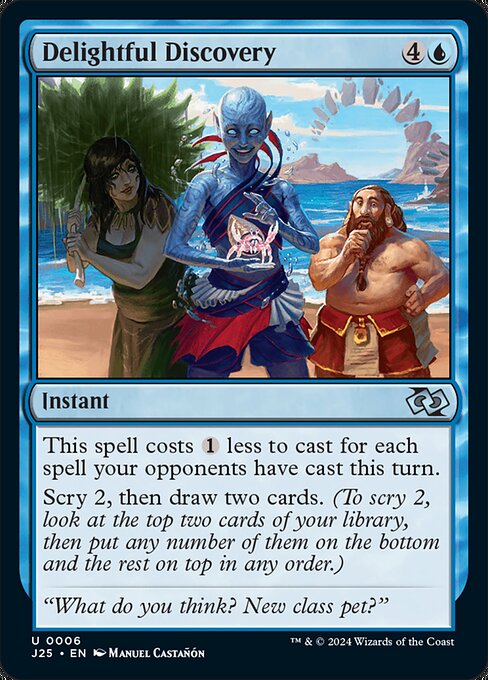 This spell costs {1} less to cast for each spell your opponents have cast this turn.
Scry 2, then draw two cards. (To scry 2, look at the top two cards of your library, then put any number of them on the bottom and the rest on top in any order.)