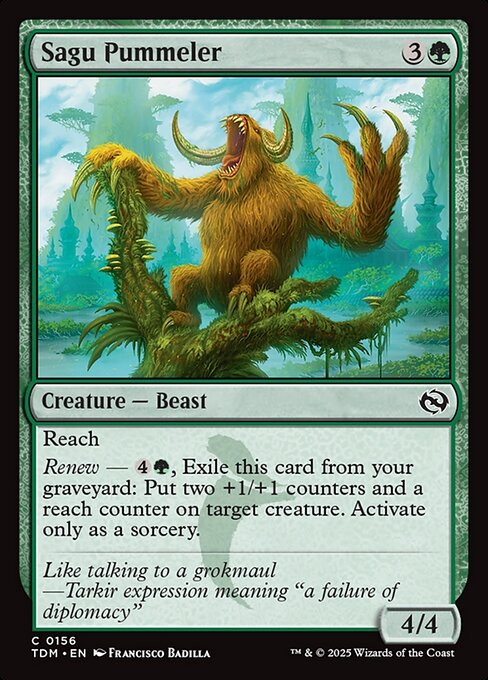 Reach
Renew — {4}{G}, Exile this card from your graveyard: Put two +1/+1 counters and a reach counter on target creature. Activate only as a sorcery.