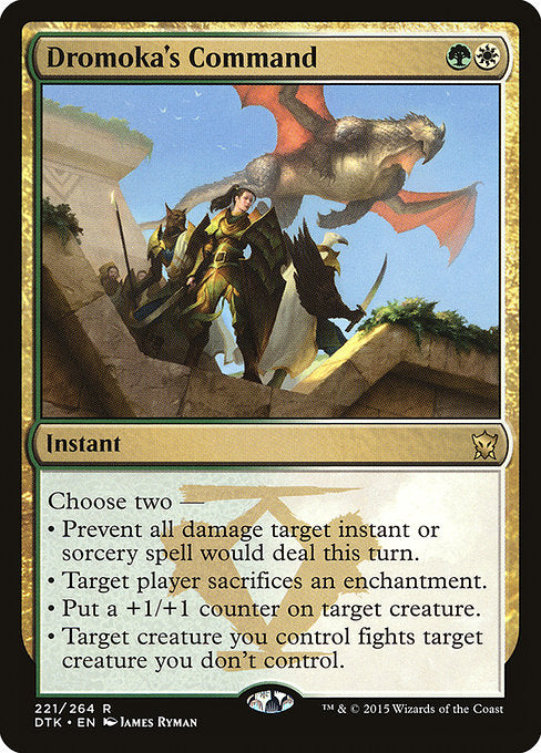 Choose two —
• Prevent all damage target instant or sorcery spell would deal this turn.
• Target player sacrifices an enchantment.
• Put a +1/+1 counter on target creature.
• Target creature you control fights target creature you don't control.