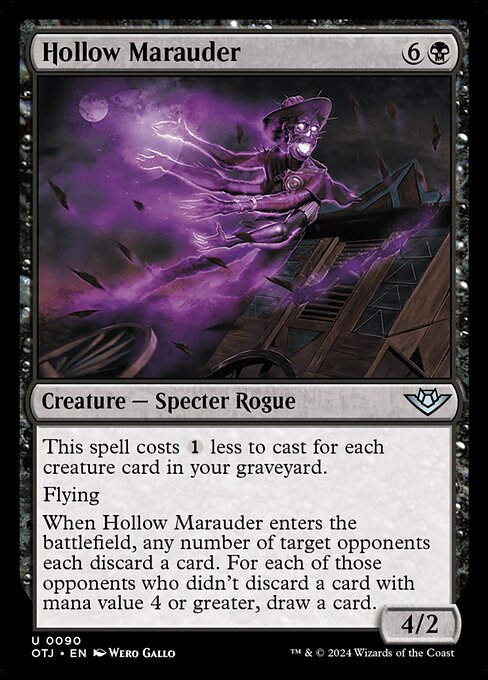 This spell costs {1} less to cast for each creature card in your graveyard.
Flying
When Hollow Marauder enters the battlefield, any number of target opponents each discard a card. For each of those opponents who didn't discard a card with mana value 4 or greater, draw a card.