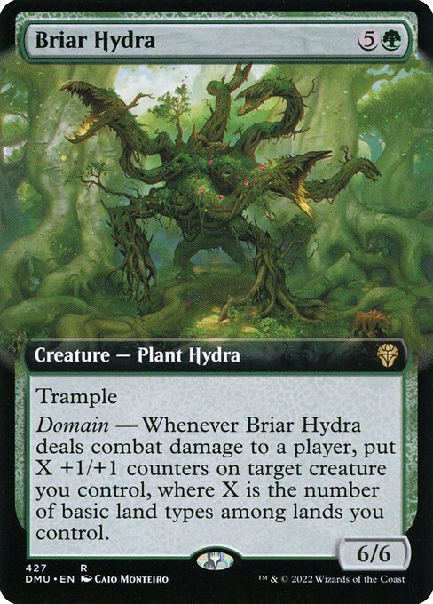 Trample
Domain — Whenever Briar Hydra deals combat damage to a player, put X +1/+1 counters on target creature you control, where X is the number of basic land types among lands you control.