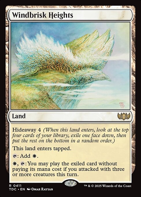 Hideaway 4 (When this land enters, look at the top four cards of your library, exile one face down, then put the rest on the bottom in a random order.)
This land enters tapped.
{T}: Add {W}.
{W}, {T}: You may play the exiled card without paying its mana cost if you attacked with three or more creatures this turn.