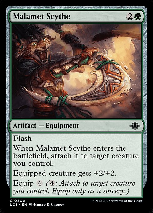 Flash
When Malamet Scythe enters the battlefield, attach it to target creature you control.
Equipped creature gets +2/+2.
Equip {4} ({4}: Attach to target creature you control. Equip only as a sorcery.)