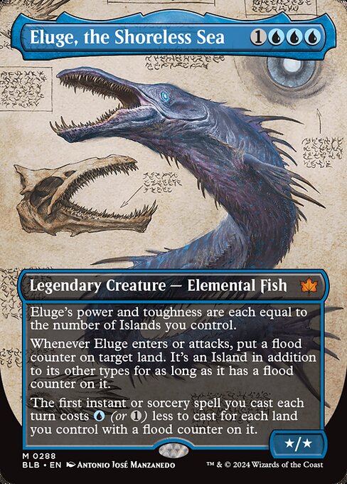 Eluge's power and toughness are each equal to the number of Islands you control.
Whenever Eluge enters or attacks, put a flood counter on target land. It's an Island in addition to its other types for as long as it has a flood counter on it.
The first instant or sorcery spell you cast each turn costs {U} (or {1}) less to cast for each land you control with a flood counter on it.