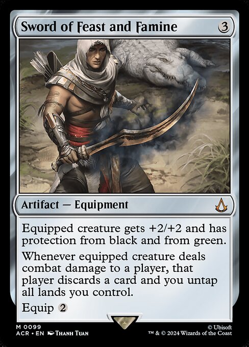 Equipped creature gets +2/+2 and has protection from black and from green.
Whenever equipped creature deals combat damage to a player, that player discards a card and you untap all lands you control.
Equip {2}