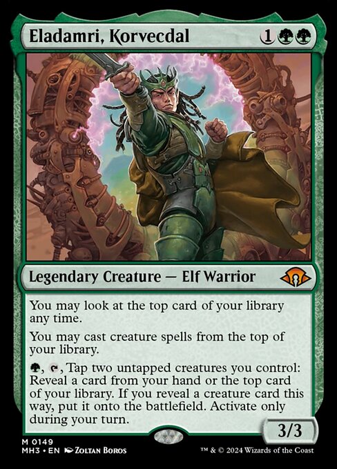 You may look at the top card of your library any time.
You may cast creature spells from the top of your library.
{G}, {T}, Tap two untapped creatures you control: Reveal a card from your hand or the top card of your library. If you reveal a creature card this way, put it onto the battlefield. Activate only during your turn.