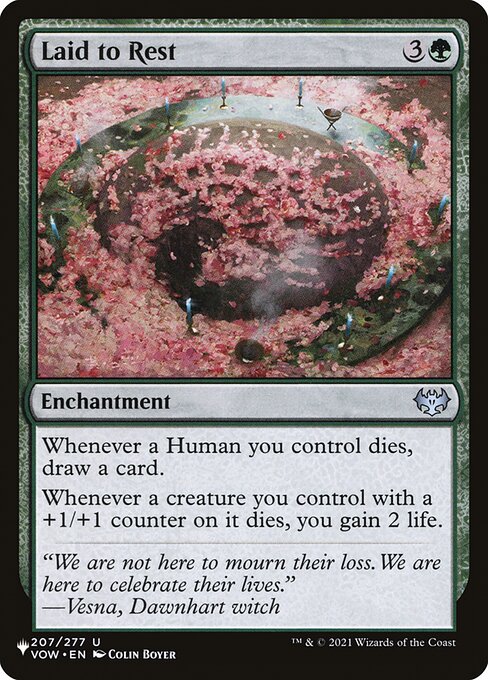 Whenever a Human you control dies, draw a card.
Whenever a creature you control with a +1/+1 counter on it dies, you gain 2 life.