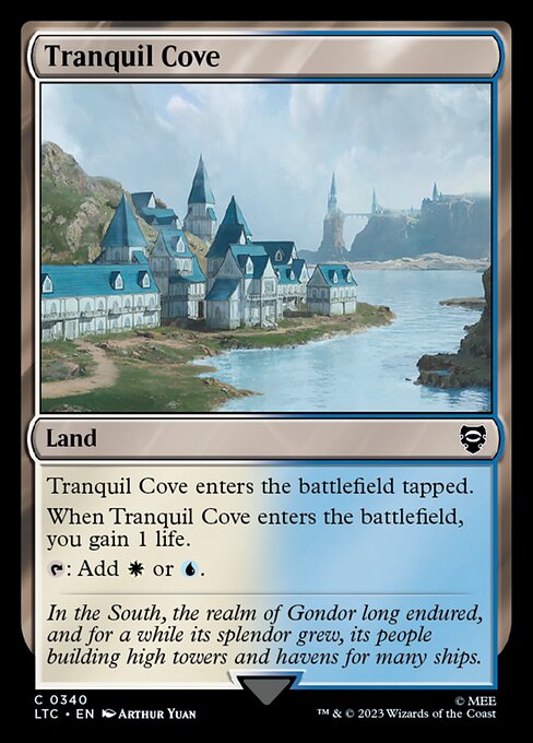 Tranquil Cove enters the battlefield tapped.
When Tranquil Cove enters the battlefield, you gain 1 life.
{T}: Add {W} or {U}.