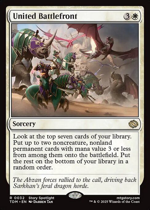 Look at the top seven cards of your library. Put up to two noncreature, nonland permanent cards with mana value 3 or less from among them onto the battlefield. Put the rest on the bottom of your library in a random order.