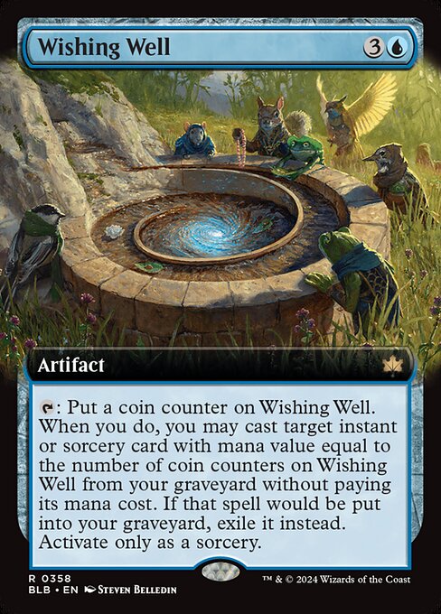 {T}: Put a coin counter on Wishing Well. When you do, you may cast target instant or sorcery card with mana value equal to the number of coin counters on Wishing Well from your graveyard without paying its mana cost. If that spell would be put into your graveyard, exile it instead. Activate only as a sorcery.