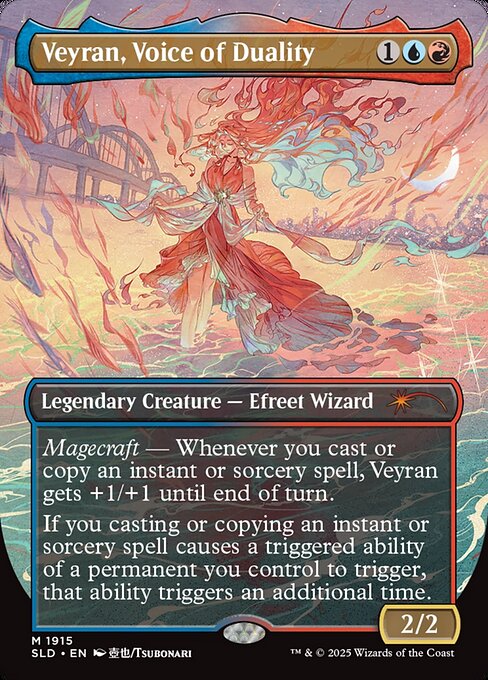 Magecraft — Whenever you cast or copy an instant or sorcery spell, Veyran gets +1/+1 until end of turn.
If you casting or copying an instant or sorcery spell causes a triggered ability of a permanent you control to trigger, that ability triggers an additional time.