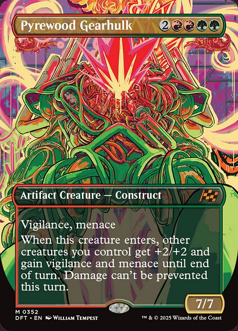 Vigilance, menace
When this creature enters, other creatures you control get +2/+2 and gain vigilance and menace until end of turn. Damage can't be prevented this turn.