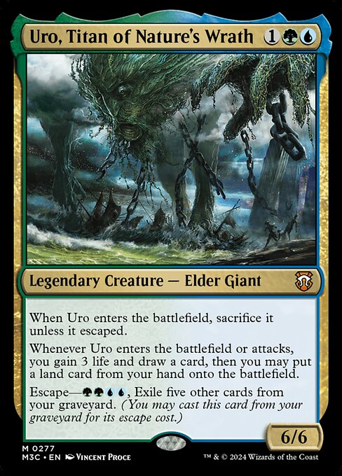 When Uro enters, sacrifice it unless it escaped.
Whenever Uro enters or attacks, you gain 3 life and draw a card, then you may put a land card from your hand onto the battlefield.
Escape—{G}{G}{U}{U}, Exile five other cards from your graveyard. (You may cast this card from your graveyard for its escape cost.)