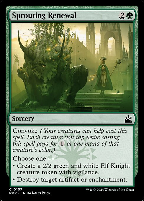 Convoke (Your creatures can help cast this spell. Each creature you tap while casting this spell pays for {1} or one mana of that creature's color.)
Choose one —
• Create a 2/2 green and white Elf Knight creature token with vigilance.
• Destroy target artifact or enchantment.