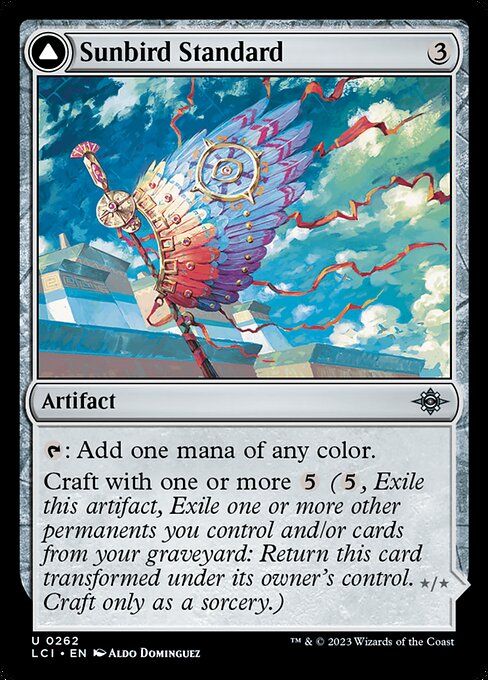 {T}: Add one mana of any color.
Craft with one or more {5} ({5}, Exile this artifact, Exile one or more other permanents you control and/or cards from your graveyard: Return this card transformed under its owner's control. Craft only as a sorcery.)   Flying, vigilance, haste
Sunbird Effigy's power and toughness are each equal to the number of colors among the exiled cards used to craft it.
{T}: For each color among the exiled cards used to craft Sunbird Effigy, add one mana of that color.
