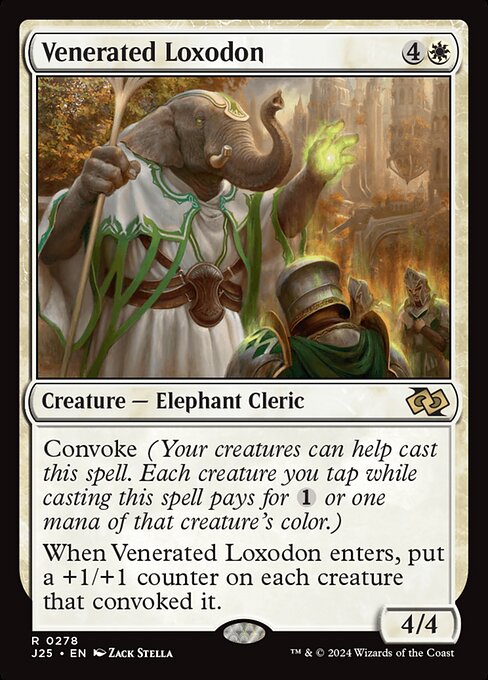 Convoke (Your creatures can help cast this spell. Each creature you tap while casting this spell pays for {1} or one mana of that creature's color.)
When Venerated Loxodon enters, put a +1/+1 counter on each creature that convoked it.