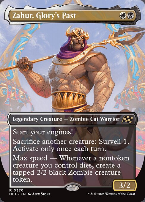 Start your engines! (If you have no speed, it starts at 1. It increases once on each of your turns when an opponent loses life. Max speed is 4.)
Sacrifice another creature: Surveil 1. Activate only once each turn.
Max speed — Whenever a nontoken creature you control dies, create a tapped 2/2 black Zombie creature token.
