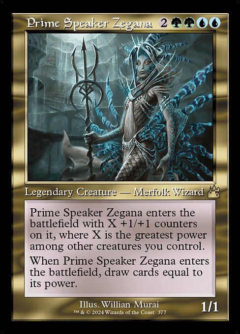 Prime Speaker Zegana enters with X +1/+1 counters on it, where X is the greatest power among other creatures you control.
When Prime Speaker Zegana enters, draw cards equal to its power.