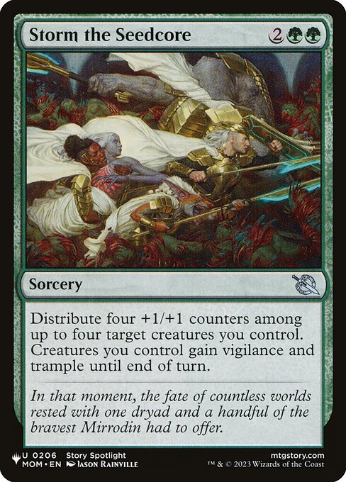 Distribute four +1/+1 counters among up to four target creatures you control. Creatures you control gain vigilance and trample until end of turn.