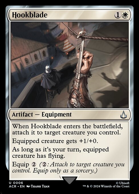 When Hookblade enters the battlefield, attach it to target creature you control.
Equipped creature gets +1/+0.
As long as it's your turn, equipped creature has flying.
Equip {2} ({2}: Attach to target creature you control. Equip only as a sorcery.)