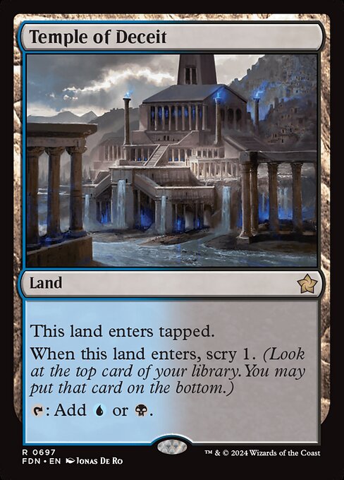 This land enters tapped.
When this land enters, scry 1. (Look at the top card of your library. You may put that card on the bottom.)
{T}: Add {U} or {B}.