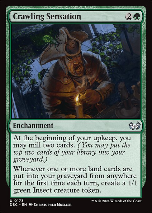 At the beginning of your upkeep, you may mill two cards. (You may put the top two cards of your library into your graveyard.)
Whenever one or more land cards are put into your graveyard from anywhere for the first time each turn, create a 1/1 green Insect creature token.