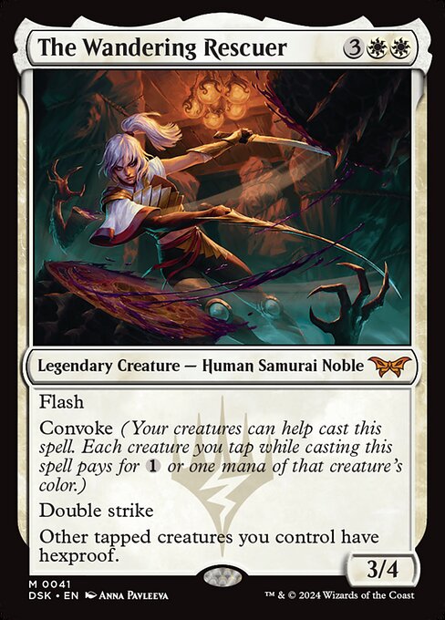 Flash
Convoke (Your creatures can help cast this spell. Each creature you tap while casting this spell pays for {1} or one mana of that creature's color.)
Double strike
Other tapped creatures you control have hexproof.