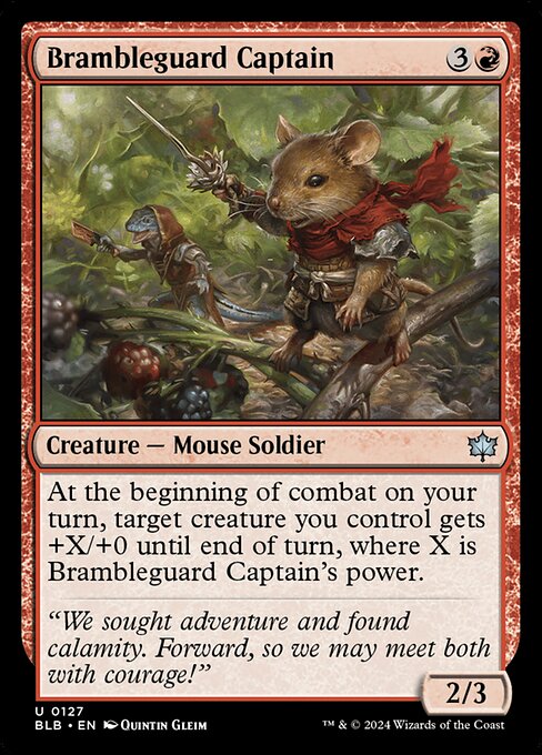 At the beginning of combat on your turn, target creature you control gets +X/+0 until end of turn, where X is Brambleguard Captain's power.