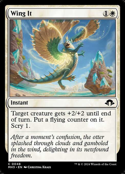 Target creature gets +2/+2 until end of turn. Put a flying counter on it. Scry 1.