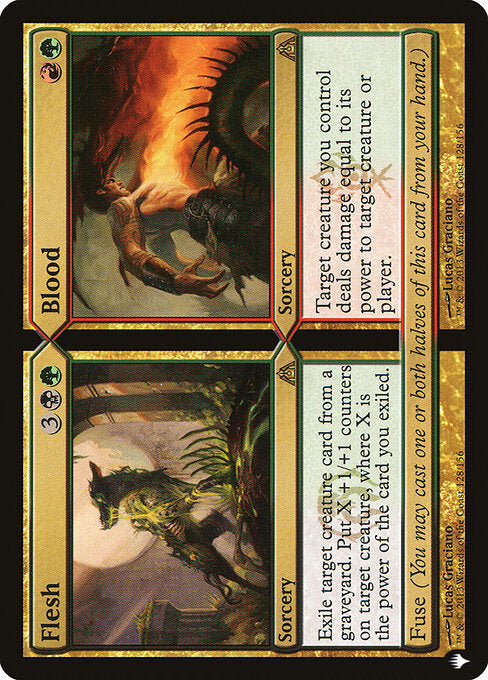 Exile target creature card from a graveyard. Put X +1/+1 counters on target creature, where X is the power of the card you exiled.
Fuse (You may cast one or both halves of this card from your hand.)   Target creature you control deals damage equal to its power to any target.
Fuse (You may cast one or both halves of this card from your hand.)