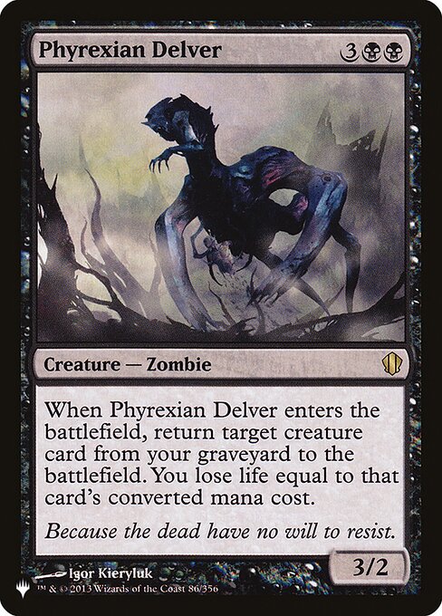 When Phyrexian Delver enters, return target creature card from your graveyard to the battlefield. You lose life equal to that card's mana value.