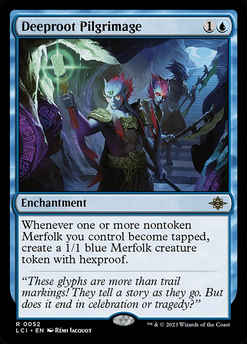 Whenever one or more nontoken Merfolk you control become tapped, create a 1/1 blue Merfolk creature token with hexproof.