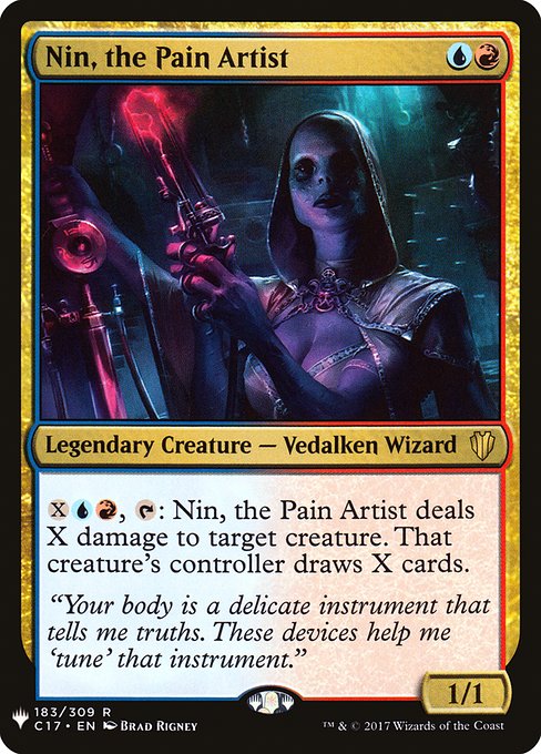 {X}{U}{R}, {T}: Nin, the Pain Artist deals X damage to target creature. That creature's controller draws X cards.