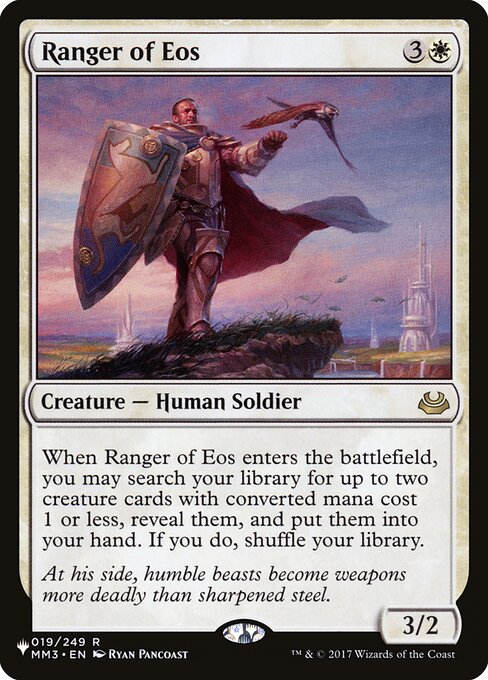 When Ranger of Eos enters, you may search your library for up to two creature cards with mana value 1 or less, reveal them, put them into your hand, then shuffle.