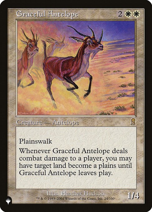 Plainswalk (This creature can't be blocked as long as defending player controls a Plains.)
Whenever Graceful Antelope deals combat damage to a player, you may have target land become a Plains until Graceful Antelope leaves the battlefield.