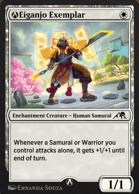 Whenever a Samurai or Warrior you control attacks alone, it gets +1/+1 until end of turn.