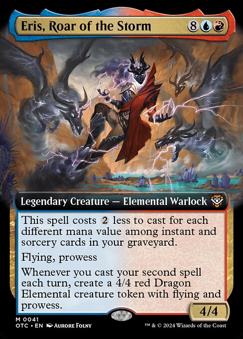 This spell costs {2} less to cast for each different mana value among instant and sorcery cards in your graveyard.
Flying, prowess
Whenever you cast your second spell each turn, create a 4/4 red Dragon Elemental creature token with flying and prowess.