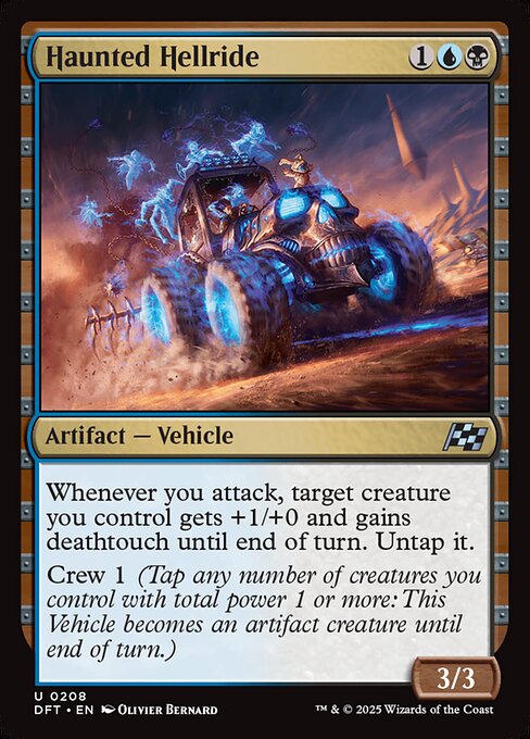 Whenever you attack, target creature you control gets +1/+0 and gains deathtouch until end of turn. Untap it.
Crew 1 (Tap any number of creatures you control with total power 1 or more: This Vehicle becomes an artifact creature until end of turn.)