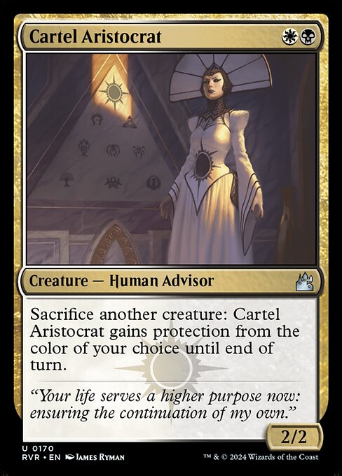 Sacrifice another creature: Cartel Aristocrat gains protection from the color of your choice until end of turn.