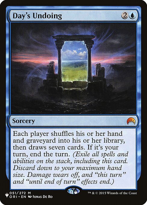 Each player shuffles their hand and graveyard into their library, then draws seven cards. If it's your turn, end the turn. (Exile all spells and abilities from the stack, including this card. Discard down to your maximum hand size. Damage wears off, and "this turn" and "until end of turn" effects end.)