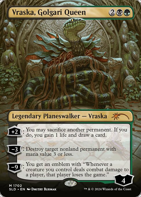 +2: You may sacrifice another permanent. If you do, you gain 1 life and draw a card.
−3: Destroy target nonland permanent with mana value 3 or less.
−9: You get an emblem with "Whenever a creature you control deals combat damage to a player, that player loses the game."