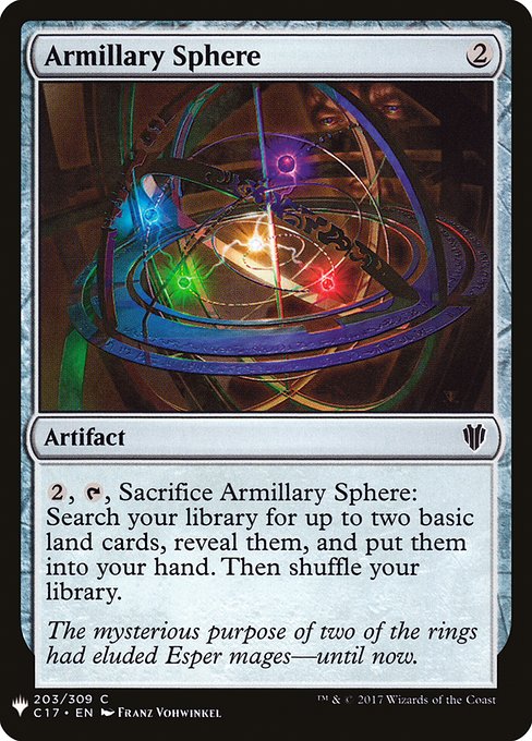 {2}, {T}, Sacrifice Armillary Sphere: Search your library for up to two basic land cards, reveal them, put them into your hand, then shuffle.