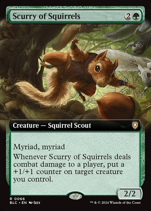 Myriad, myriad (Whenever this creature attacks, for each opponent other than defending player, you may create a token that's a copy of this creature that's tapped and attacking that player or a planeswalker they control. Then do it again. Exile the tokens at end of combat.)
Whenever Scurry of Squirrels deals combat damage to a player, put a +1/+1 counter on target creature you control.