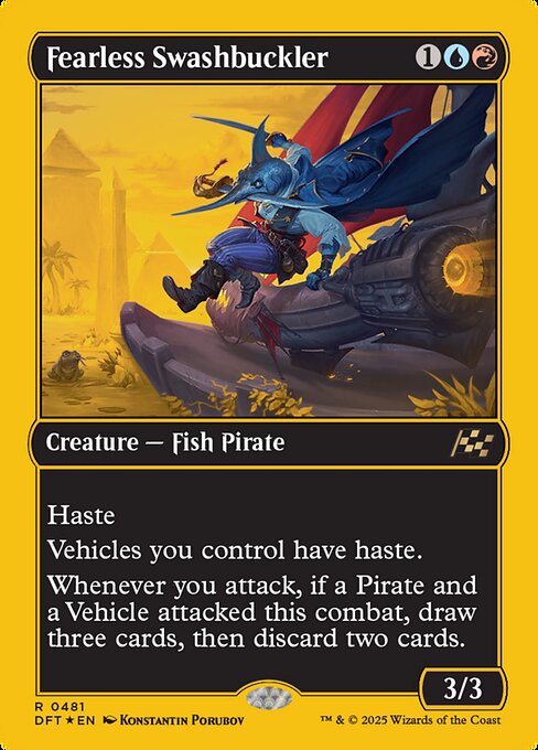 Haste
Vehicles you control have haste.
Whenever you attack, if a Pirate and a Vehicle attacked this combat, draw three cards, then discard two cards.