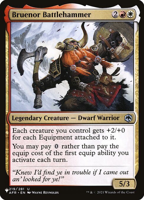 Each creature you control gets +2/+0 for each Equipment attached to it.
You may pay {0} rather than pay the equip cost of the first equip ability you activate each turn.