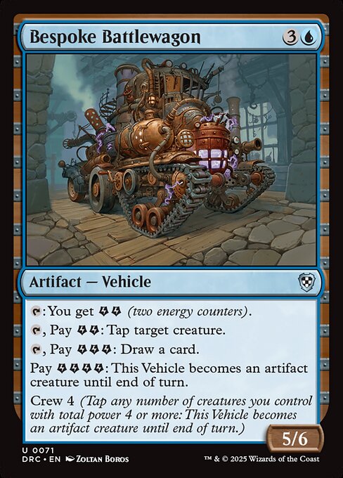 {T}: You get {E}{E} (two energy counters).
{T}, Pay {E}{E}: Tap target creature.
{T}, Pay {E}{E}{E}: Draw a card.
Pay {E}{E}{E}{E}: this artifact becomes an artifact creature until end of turn.
Crew 4